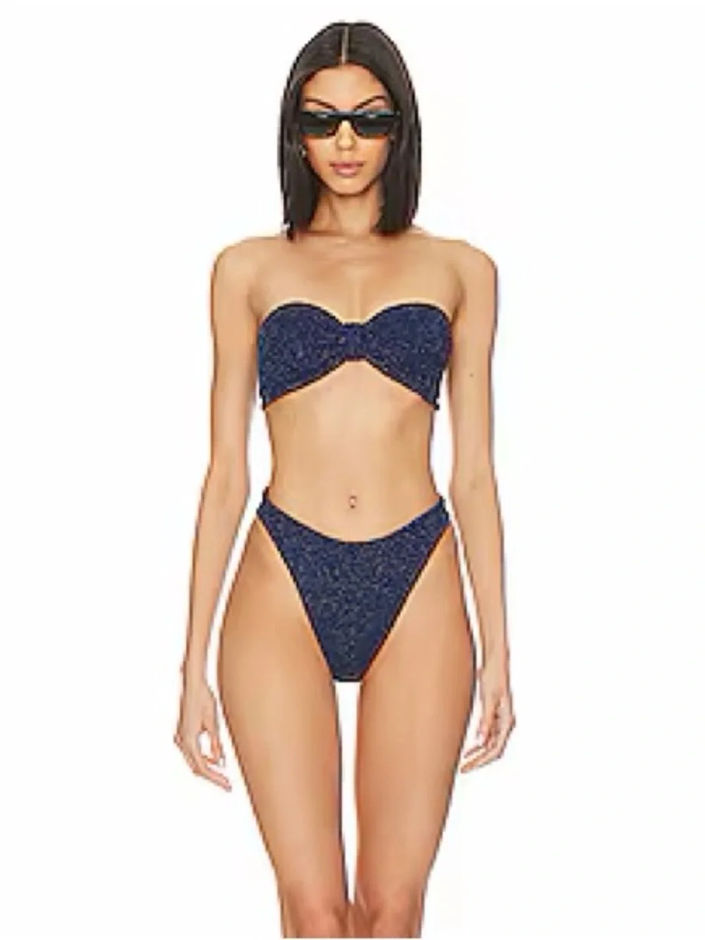 Hunza G Bikini Set Navy Blue Silver Lurex Jean Ruby Crinkle Strapless Bandeau